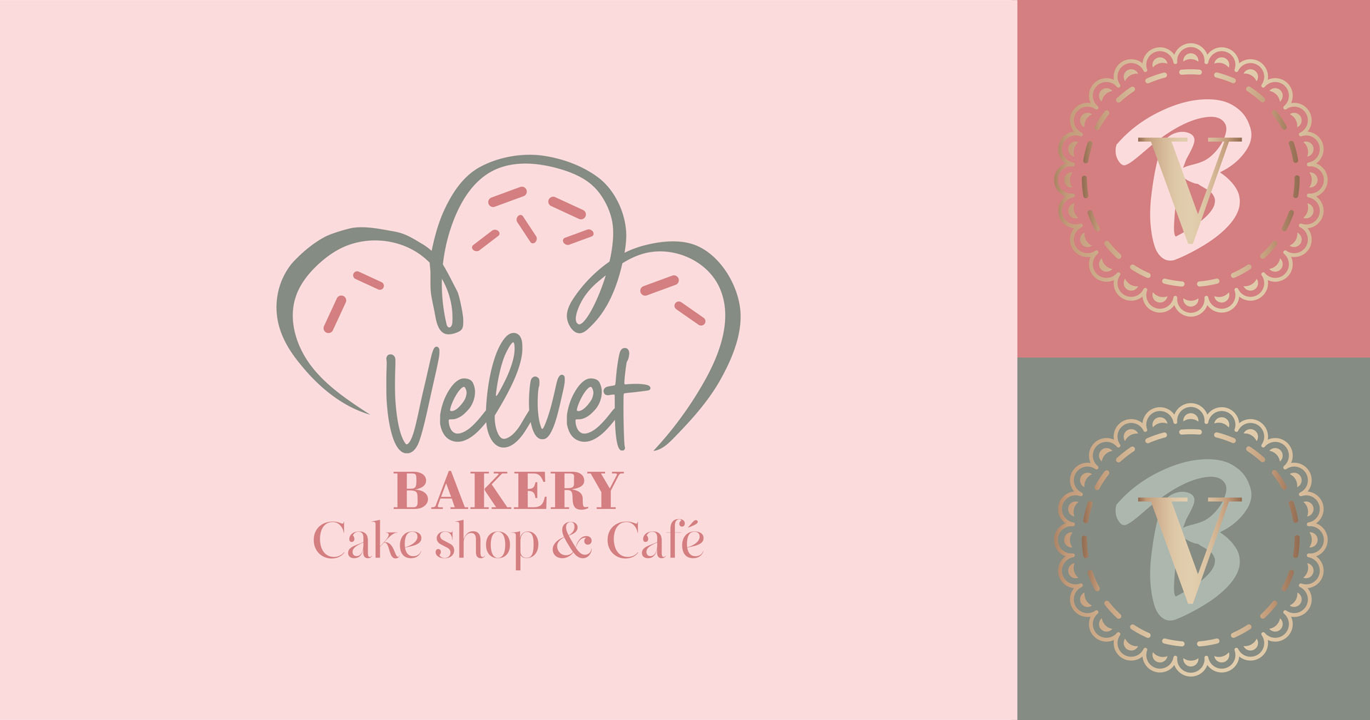 Tres versiones del logotipo e isotipos de Velvet Bakery sobre fondo rosa y verde, diseño de identidad visual por Momik Comunicación.